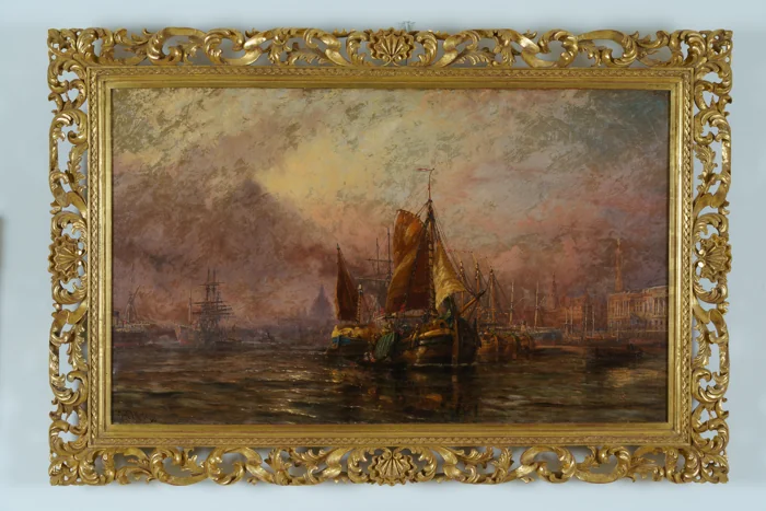 English Painting, c. 1896, “Dutch Pinks on the Thames” by Claude T. Stanfield Moore.