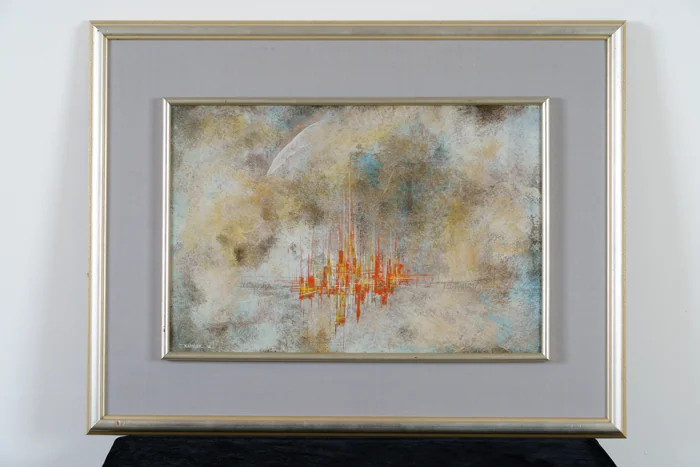 Mexican oil painting, c. 1960, by Leonardo Nierman.