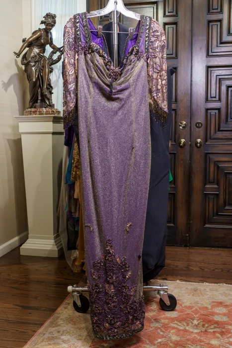 Purple Silk Satin and Iridescent Gold Lace Evening Gown, with Silk Satin Floral Sleeves, and Beaded Embellishments.