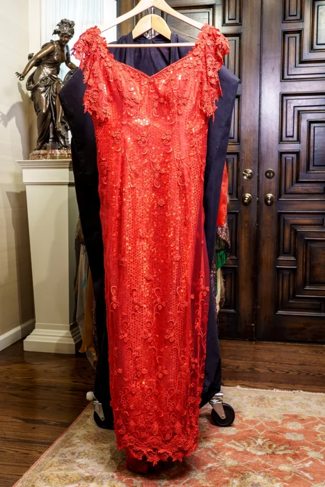 Breathtaking Bright-Red Lace & Chiffon Evening Gown, With Sequins & Ensemble