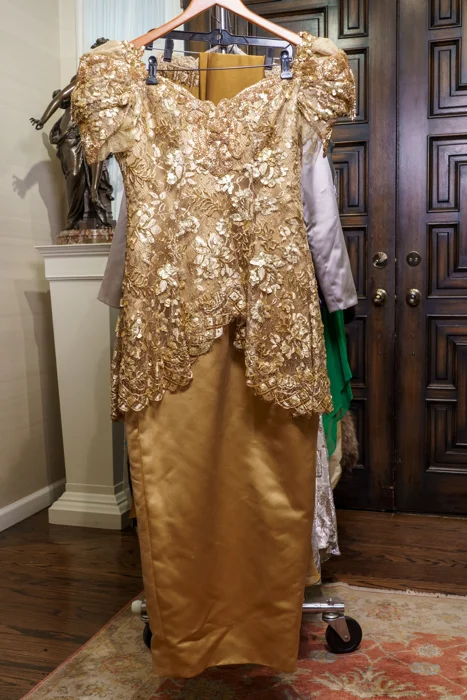 Exquisite Gold Silk Satin Evening Gown, with French Lace, Embellished with Beads and Sequins, & Ensemble