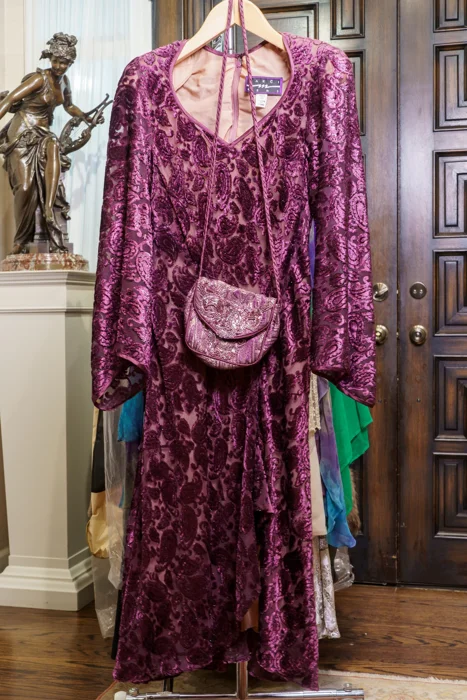 Elegant Burgundy Cut Velvet Evening Gown with Matching Handbag
