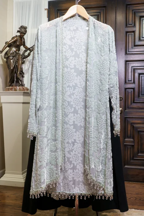 Elegant Pale Sage Green Velvet & Silk Evening Ensemble