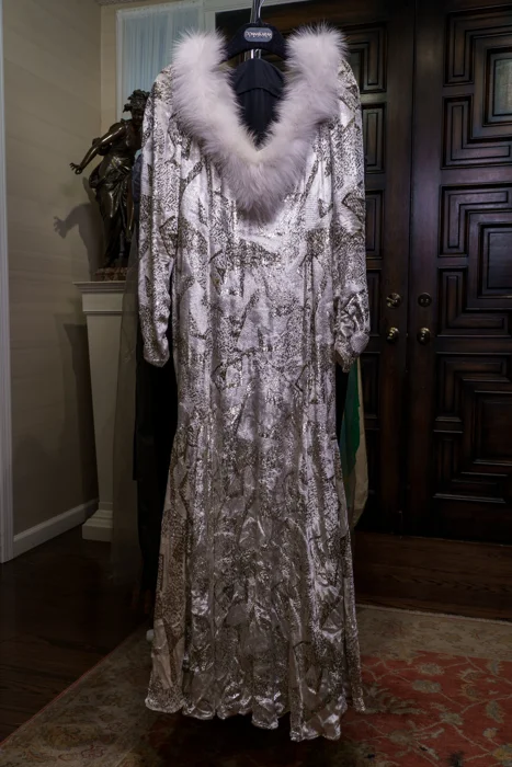 Gorgeous Silver and White Cut Velvet Evening Gown & White Fox-Trimmed Ensemble