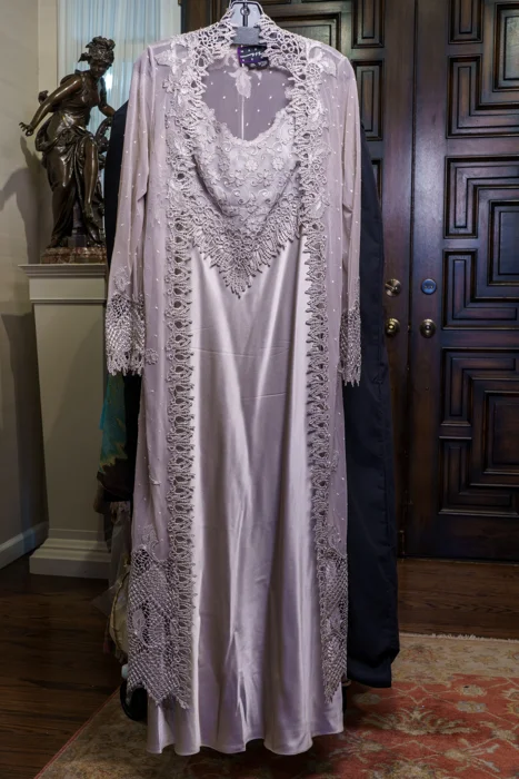 Romantic Pale Gray-Lilac Silk Satin & Lace Evening Ensemble