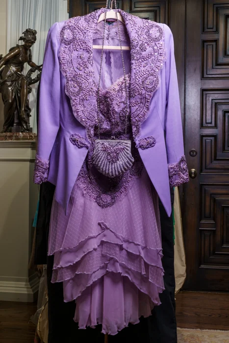 Exquisite Lavender Lace, Silk & Pearl Beaded Evening Ensemble, with Matching Handmade Handbag