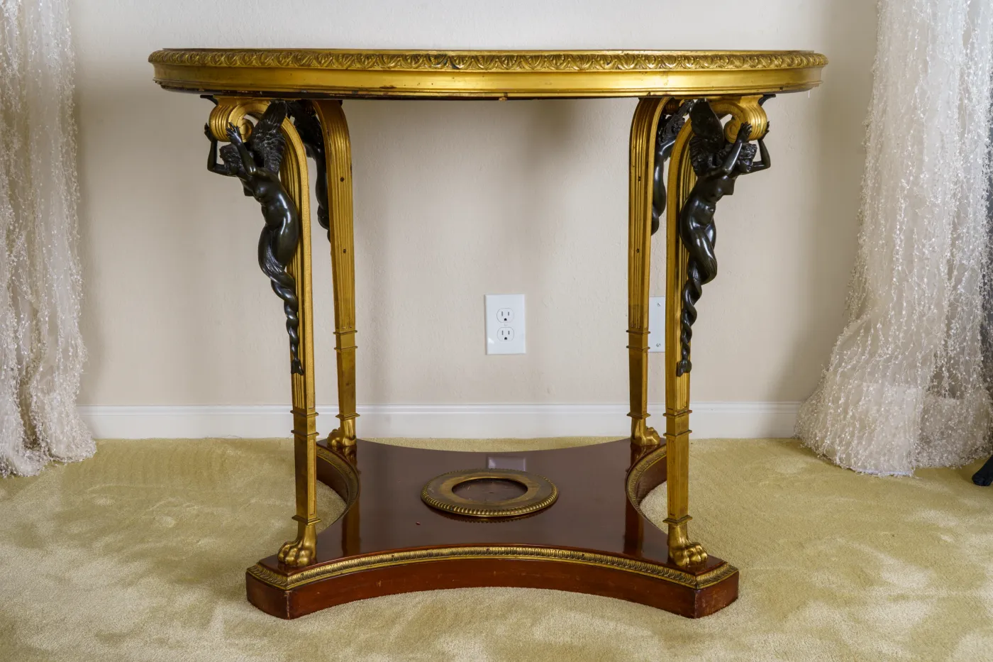 French c. 1880, Gilt-Bronze Center Table (Charles X style), Verde-marbled Gueridon, photograph 1
