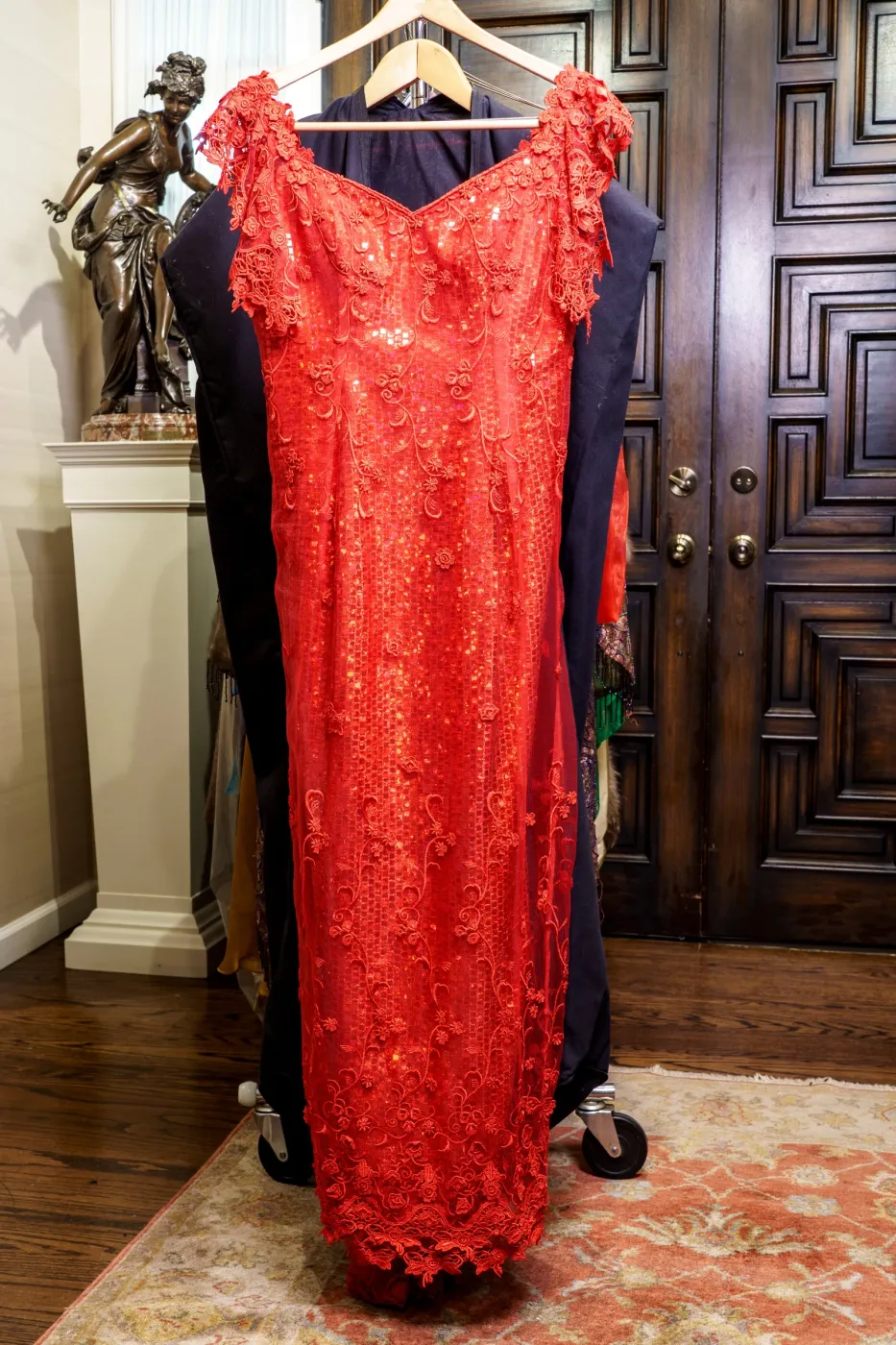 Breathtaking Bright-Red Lace & Chiffon Evening Gown, With Sequins & Ensemble, photograph 1
