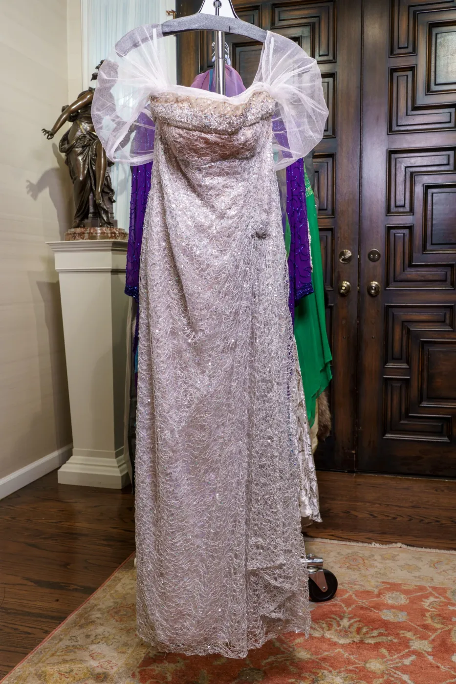 Romantic Pale Lavender Gray Lace Evening Gown, with Satin Jacket, photograph 1