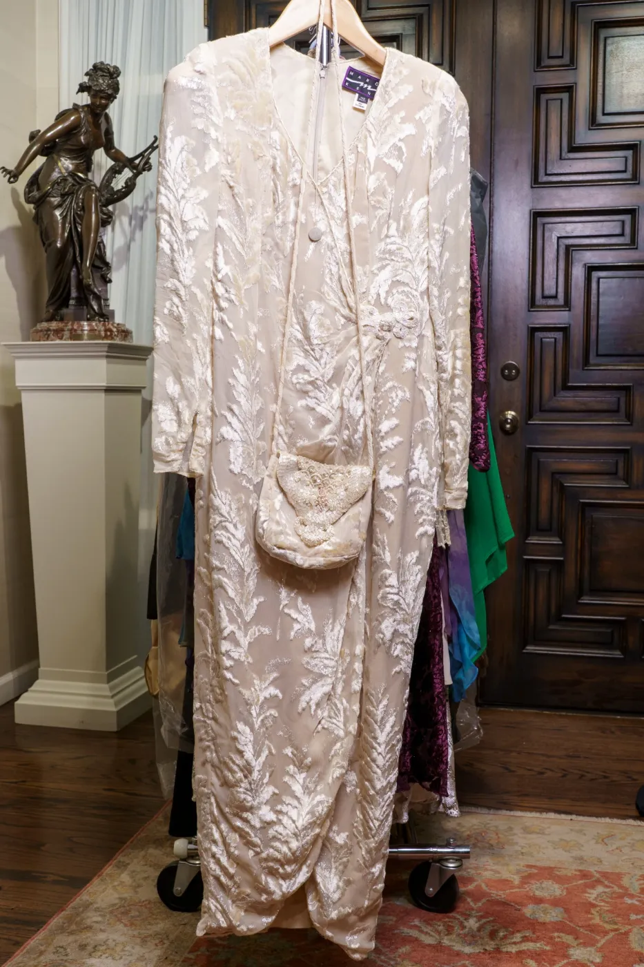 Elegant Ivory Cut Velvet Evening Gown with Matching Handbag, photograph 1