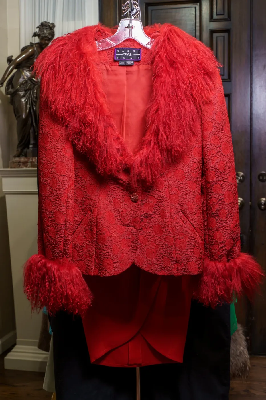 Dramatic Bright-Red Brocade & Mouton Lamb Statement Ensemble, photograph 1