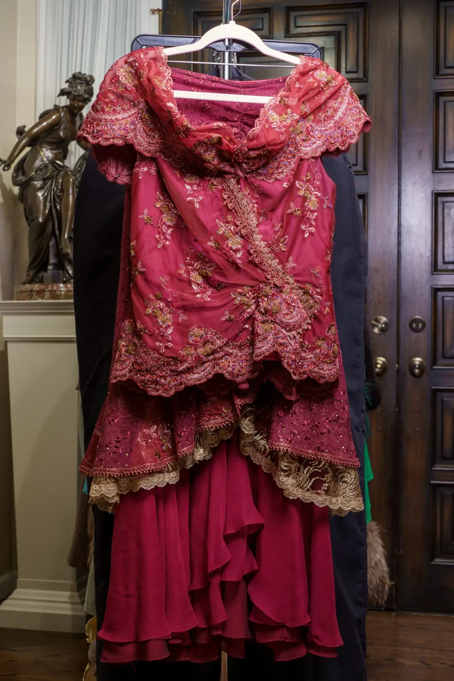 Dramatic Hot Red & Gold Embroidered Evening Ensemble, photograph 1